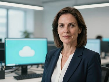 Professional headshot of a confident female cloud services lead, mid-40s, with a warm but serious expression, in a well-lit tech workspace, shallow depth of field.