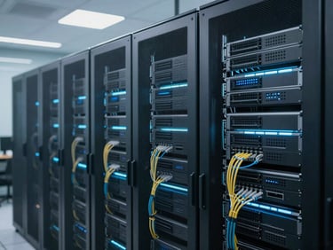 Wide environmental office shot of clean server racks with neatly organized cabling in a modern data center, cool crisp daylight, subtle blue ambient lighting, focused on the racks with a blurred background.