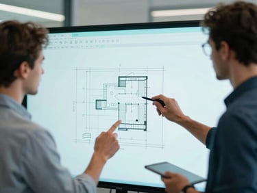 Medium close-up of a diverse team of developers collaborating over architectural diagrams on a large digital whiteboard, cool daylight, subtle cyan glow from screens, modern workspace, shallow depth of field.