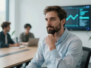 Professional headshot of a thoughtful male IT consultant, late-30s, with a neat beard, in a minimalist meeting room, cool daylight, shallow depth of field.
