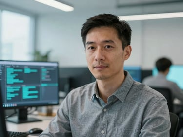 Professional headshot of a focused male software architect, mid-30s, with a clean-cut appearance, in a modern office with subtle screen glow, shallow depth of field.