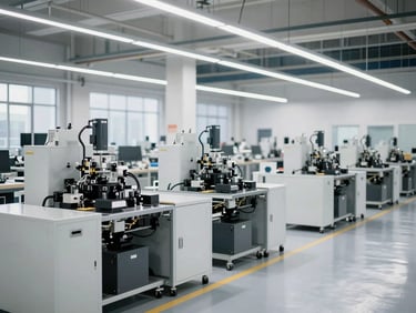 Crisp industrial photography of a modern, organized manufacturing floor, bright natural daylight, clean high-contrast tones, wide-angle environmental framing.