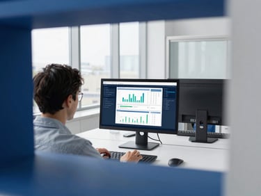 A clean, modern corporate office workspace with bright cool daylight, architectural framing, over-the-shoulder view of a specialist analyzing data charts on a high-end monitor.