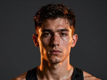 Heroic portrait of a young athlete looking directly at the camera, sweat on face, dark charcoal background with a searing neon-orange rim light.