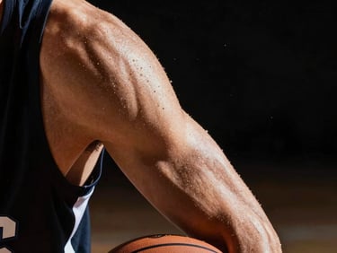 Extreme close-up of dynamic athletic movement, a player mid-dribble, sweat flying, sharp side spotlight illumination on muscles, dark background