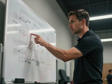 Dynamic low-angle shot of a sports coach pointing at a tactical whiteboard, intense focus, dramatic side-lighting, athletic facility background.