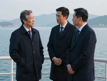 Candid, professional shot of three executives in dark overcoats standing on a ship deck, deep in conversation, with a soft-focus background of cold blue water and distant mountains