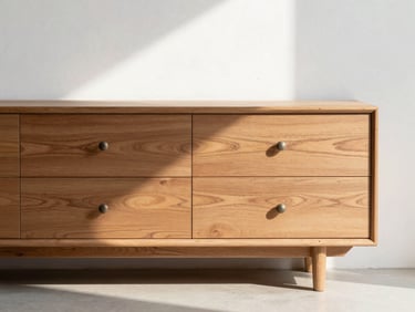 Low teak credenza against a white wall under north daylight, drawer fronts showing straight grain, metal pulls, pale floor, no objects on top