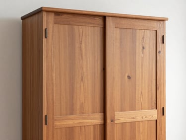 Full-height solid teak wardrobe photographed against a white wall under flat midday daylight, doors closed, grain and panel lines visible, no surrounding decor