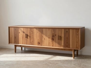 Wide environmental shot of a teak credenza against a white wall in a minimal living room, natural daylight from the side, visible wood grain on the cabinet doors, pale stone floor, no accessories