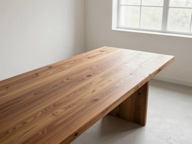 Wide shot of a solid teak dining table in an empty bright room, north-facing window light, table surface grain reading clearly, no chairs visible, white walls and pale floor