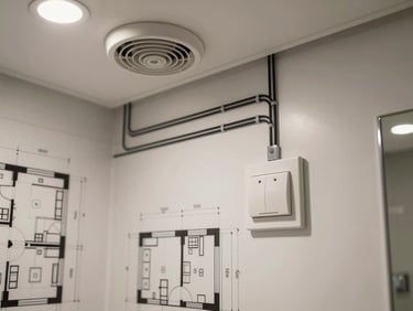 Detailed architectural blueprint of a modern hotel bathroom suite layout, showing MEP wiring conduits connecting a wall switch to a ceiling exhaust fan, clean technical drafting style.