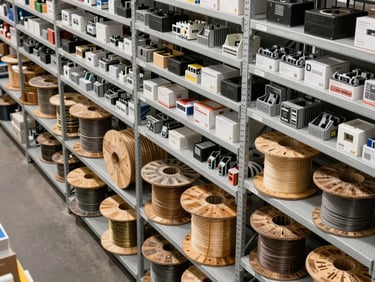 High-angle clean industrial shot of organized warehouse shelves stacked with wooden cable reels and boxed electrical components, bright daylight, precise grid alignment.