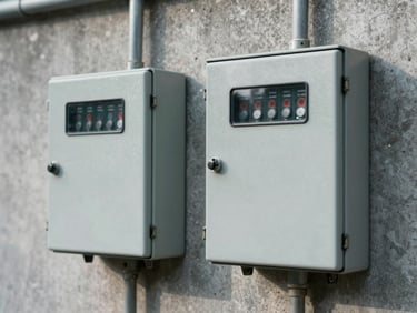 Industrial fuse boxes and heavy-duty switchgear mounted on a concrete wall, natural site daylight.