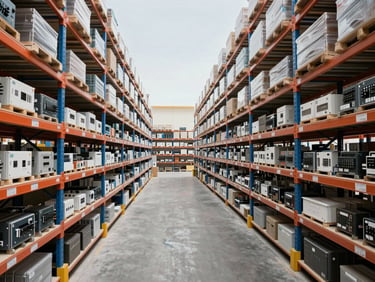 A wide-angle panoramic view of a modern, organized logistics warehouse in Dubai, rows of high-bay shelving filled with electrical components, bright daylight.