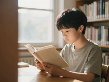 Candid medium shot of a young student focused on reading a book in a sunlit library, soft natural window light, shallow depth of field, warm editorial photography.
