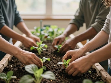 Candid medium shot of a community garden, diverse hands tending to plants, soft natural light, warm editorial photography, muted earth tones.