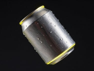 Close-up of a matte aluminum can with acid yellow neon rim lighting, floating in dark studio space with condensation droplets, macro 100mm