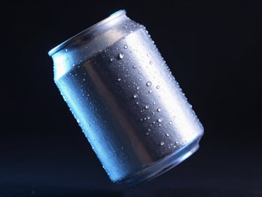 Close-up of a matte aluminum can with electric blue neon rim lighting, floating in dark studio space with condensation droplets, macro 100mm