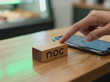 Macro shot of a hand tapping a smartphone on a physical wooden NFC block on a bakery counter, soft neon green light reflecting off the wood, natural daylight, 35mm.