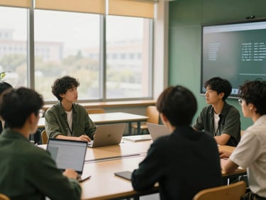 Postgraduate students in a modern discussion room, engaged in critical academic discourse, multimedia screen visible, soft natural light, deep green and gold tones.