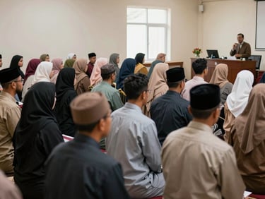 A group of postgraduate students presenting research findings in a modern seminar room, bright natural indoor lighting, deep green and gold accents
