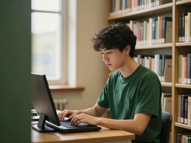 A postgraduate student using a digital library terminal, surrounded by shelves of books, focused and engaged in research, soft natural light, deep green and gold tones.