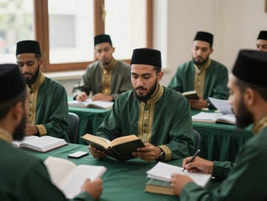 A small group of Islamic scholars and postgraduate students in a seminar, engaged in deep discussion, traditional Islamic texts visible, soft natural light, deep green and gold tones.