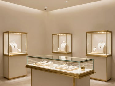 Elegant minimalist showroom interior with warm diffused lighting, champagne gold accents, and glass display cases showcasing fine jewellery, 85mm