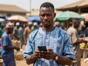 Dignified portrait of a Cameroonian merchant in an active Douala market environment, holding a smartphone showing a transaction confirmation, bright natural daylight, crisp focus.