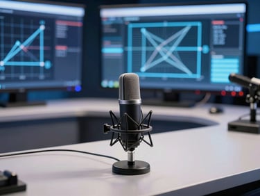 A sleek broadcast studio desk with professional condenser microphone, glowing digital screens displaying geometric math equations, premium production value.