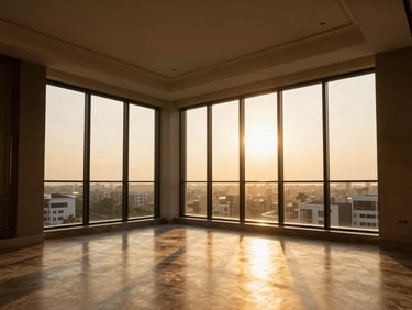 Wide-angle architectural photograph of a sun-drenched modern apartment interior in Mumbai, warm golden-hour sunlight streaming through floor-to-ceiling windows, casting soft long shadows on polished floors.