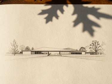Architectural landscape drawing on heavy paper, graphite lines, oak branch shadows across the page, clean minimalist composition, warm afternoon light