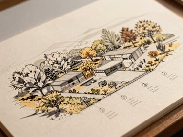 Architectural landscape drawing on heavy paper, showing fine lines, structural layouts, and plant keys, warm editorial light