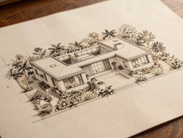 An architectural landscape drawing of a modern estate layout, clean technical drafting lines on warm heavy paper, soft side lighting, high-angle view