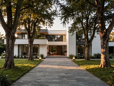Wide environmental shot of a modern clean-lined villa, framed by mature cedar trees, slate stone pathway, golden hour light