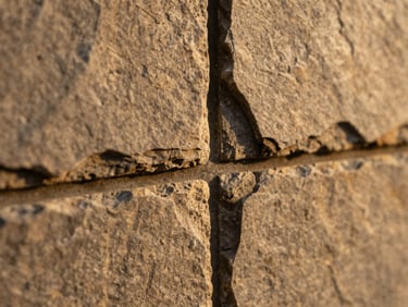 Macro photograph of warm hand-cut slate masonry joints, soft shadows, architectural texture, 35mm