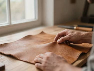Warm editorial photography of a craftsman's hands inspecting rich tan leather grain under soft workshop window light, shallow depth of field, 35mm.