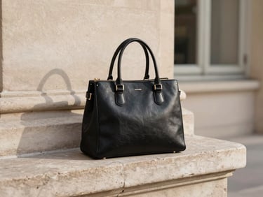Warm editorial photography of a structured black leather handbag resting on a weathered limestone ledge in Paris, soft morning shadow, 35mm.