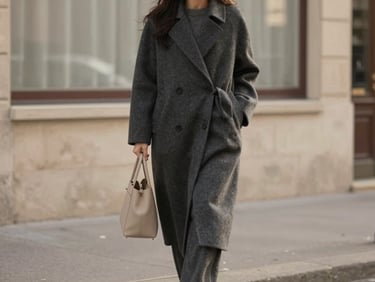 Warm editorial photography of a woman in a tailored charcoal wool coat walking down a Parisian street, carrying a minimalist beige bag, 35mm.