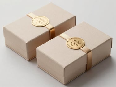 Neatly organized export-ready jewelry packaging box with Atelier Oro seal, minimal studio background, champagne-gold accents.