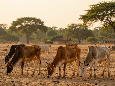 A serene herd of indigenous Gir cows grazing on the dry desert estate of Chitawa Farms under warm golden morning light, 35mm