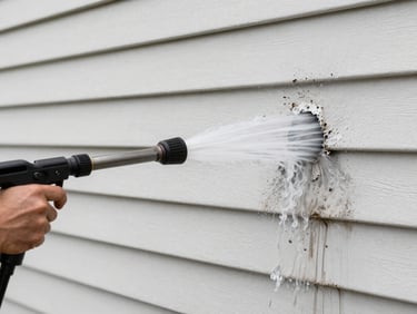 A clean, powerful stream of water from a pressure washer stripping grime off weathered white vinyl siding.
