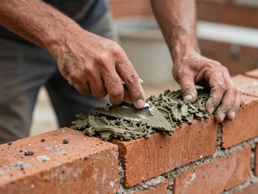 Close-up of a mason's hands troweling fresh mortar onto a red clay brick wall, crisp daylight.