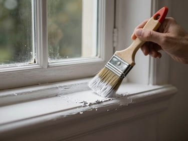 Crisp white paint being applied to historic wooden window trim with a professional brush, sharp edges.