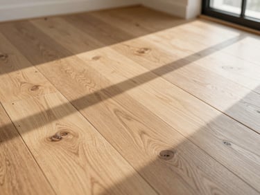 Close-up of newly laid oak hardwood flooring planks catching bright natural window light.