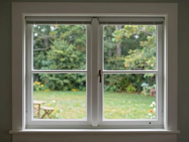 A newly installed double-hung window looking out onto a green Massachusetts yard, clean white frame.