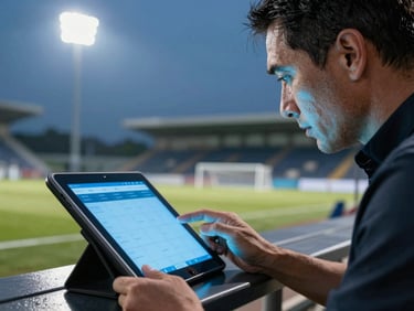 Macro shot of a coach holding a technical tablet on a dark bench, glowing screen reflecting electric blue light on his face, blurred stadium floodlights in the background.