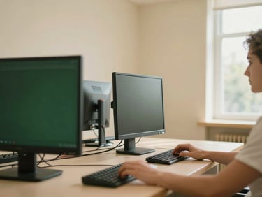Warm editorial photography of a newly renovated library room, hands-on learning at a modern computer terminal, soft cream walls, natural window light, 35mm