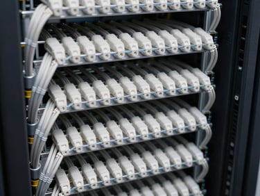 Close-up of meticulously organized structured cabling bundles in a server rack, crisp commercial lighting, sharp focus, industrial tech aesthetic.